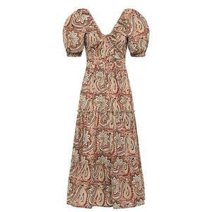 Anna Cate Arie Midi Dress Paisley Size Large Tiered Puff Sleeve $248.00